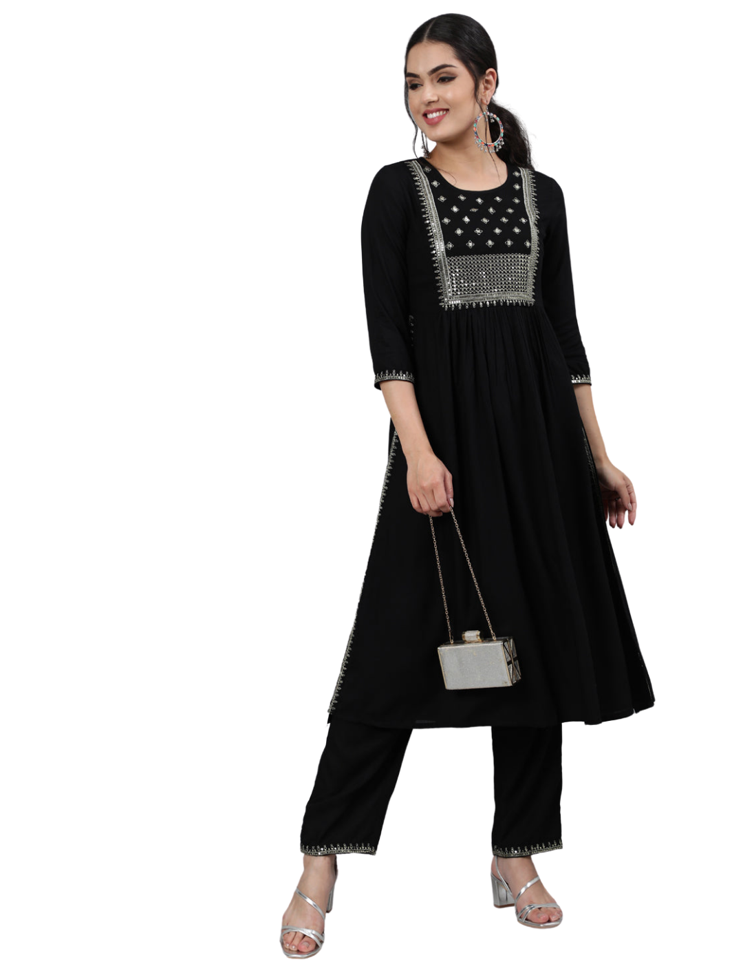 Indian Women's Wear Online Singapore Black Pleated Sequinned Kurta with Trousers Shopping