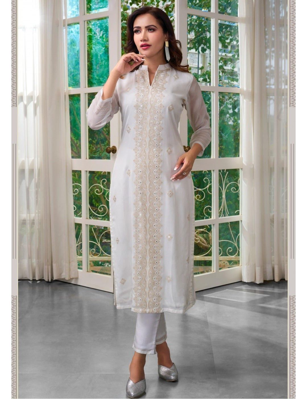 White With Embroidery & Delicate Glass Work Kurti