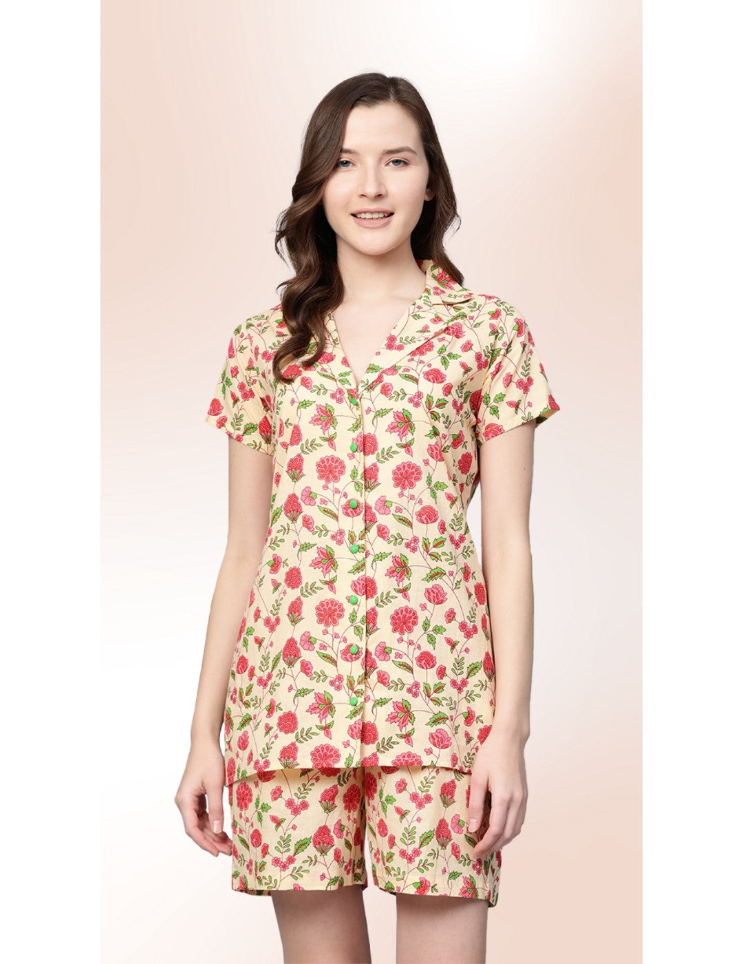 Cream-Coloured & Pink Floral Print Night Suit