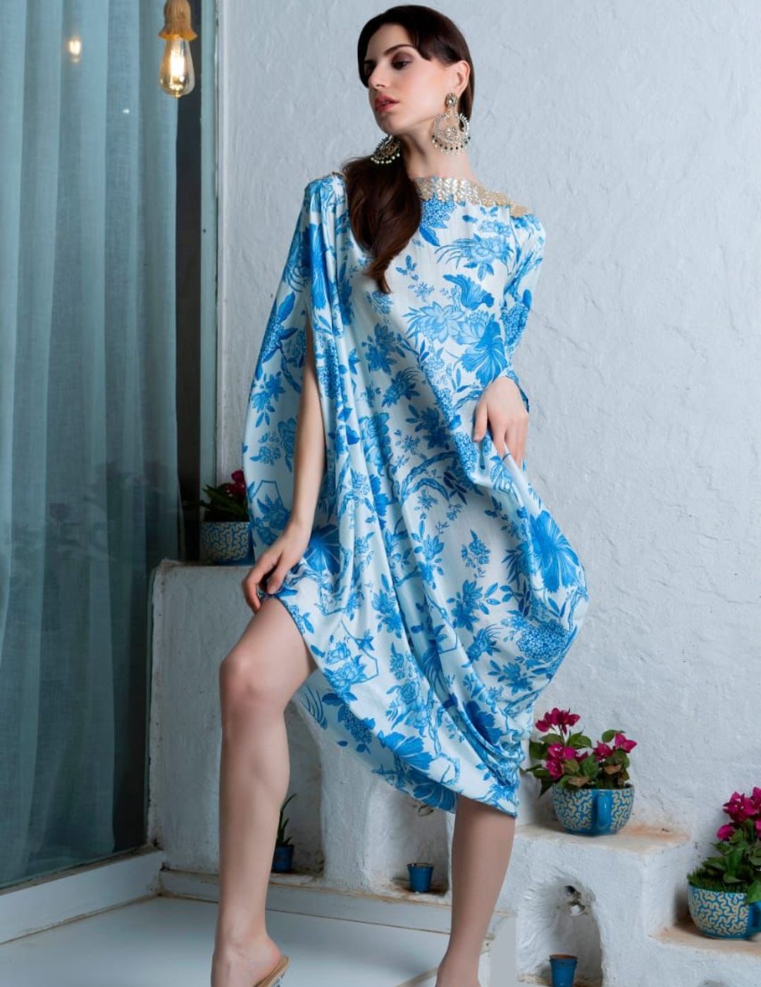 Blue Floral Boatneck One Piece Dress