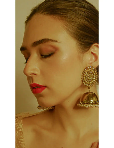 Gold Finished Embellished Jhumkas With Pearl Drops