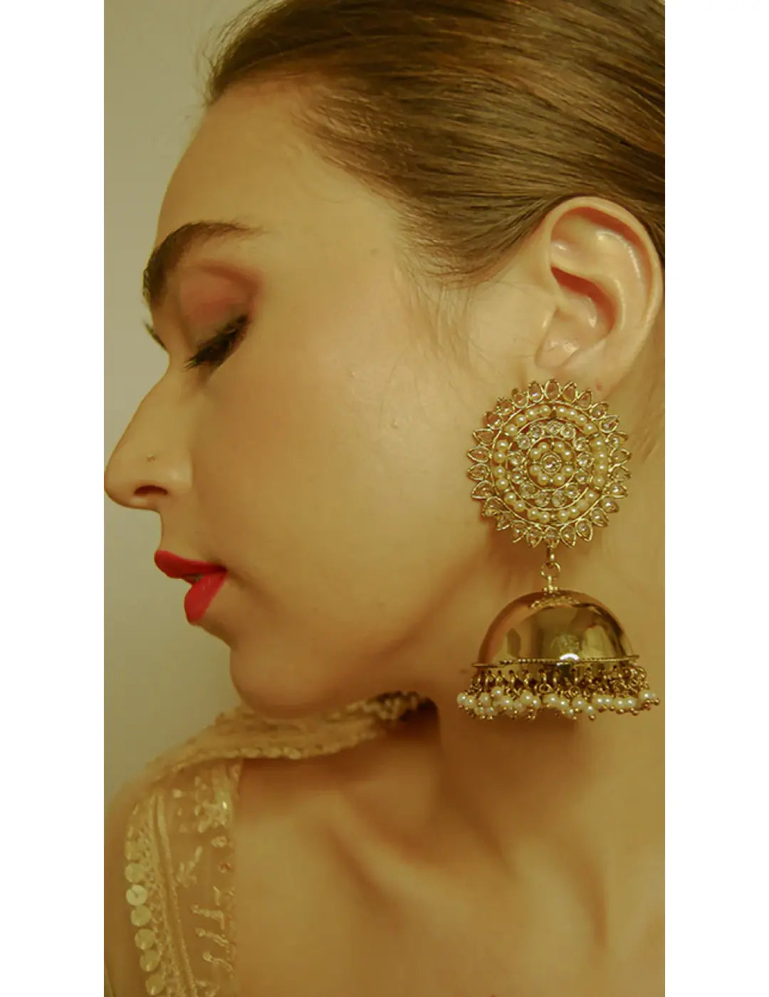 Gold Finished Embellished Jhumkas With Pearl Drops