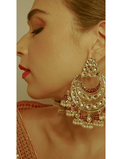 Gold and Red Chandbali Jhumka with Embellished White Stones
