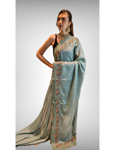 Sky Blue Chinnon Saree With Shelf Shadow Sequence