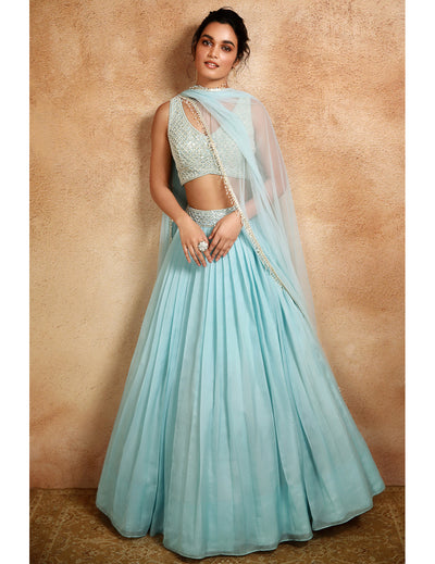 Blue Lehenga With Embroidered Blouse
