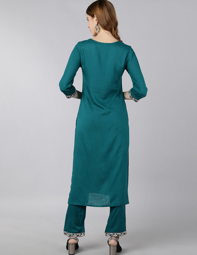 Turquoise Rayon Solid Straight Kurta Pant Set