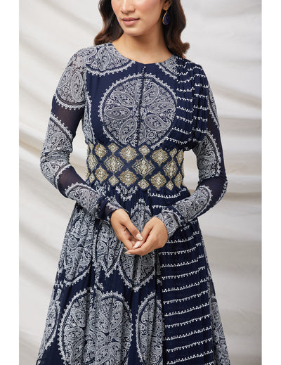 Printed Blue Anarkali set with Embroidered Belt