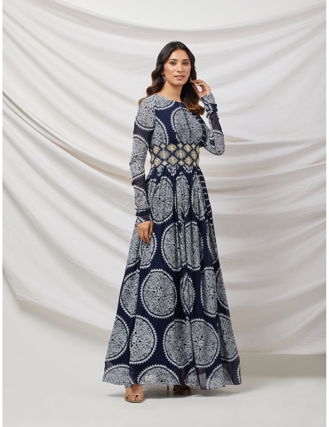 Printed Blue Anarkali set with Embroidered Belt