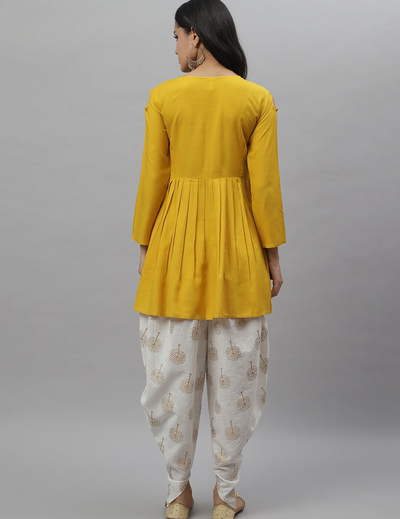 Mustard Embellished Rayon Pleated kurta Dhoti Pant Set