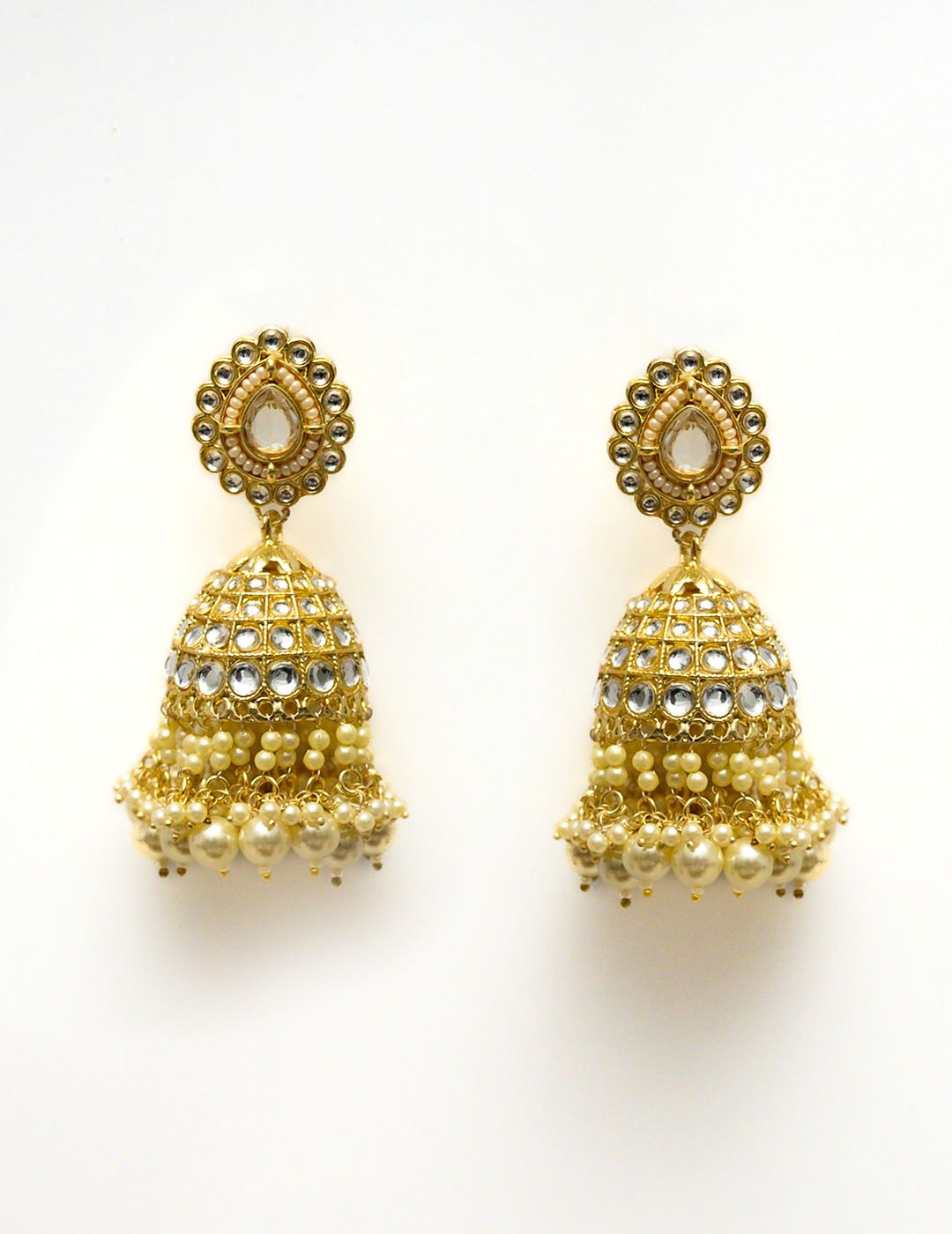 Gold Plated Stone And Pearl Jhumki Earrings With Earchains
