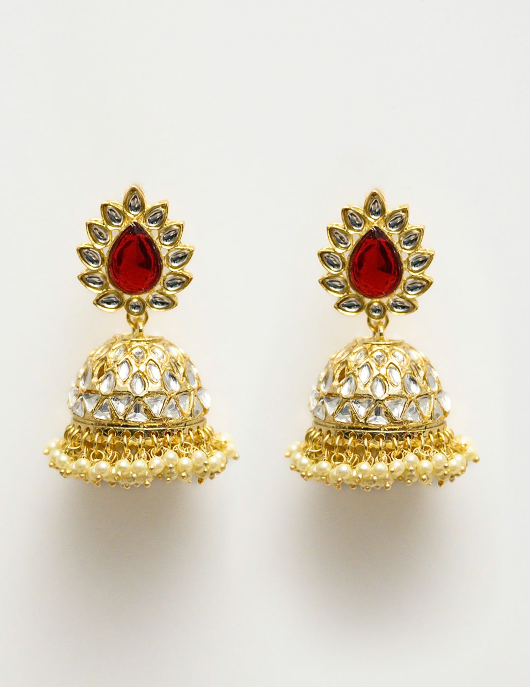 Jhumki Earrings With Maroon Color Stone & Pearl Beads\
