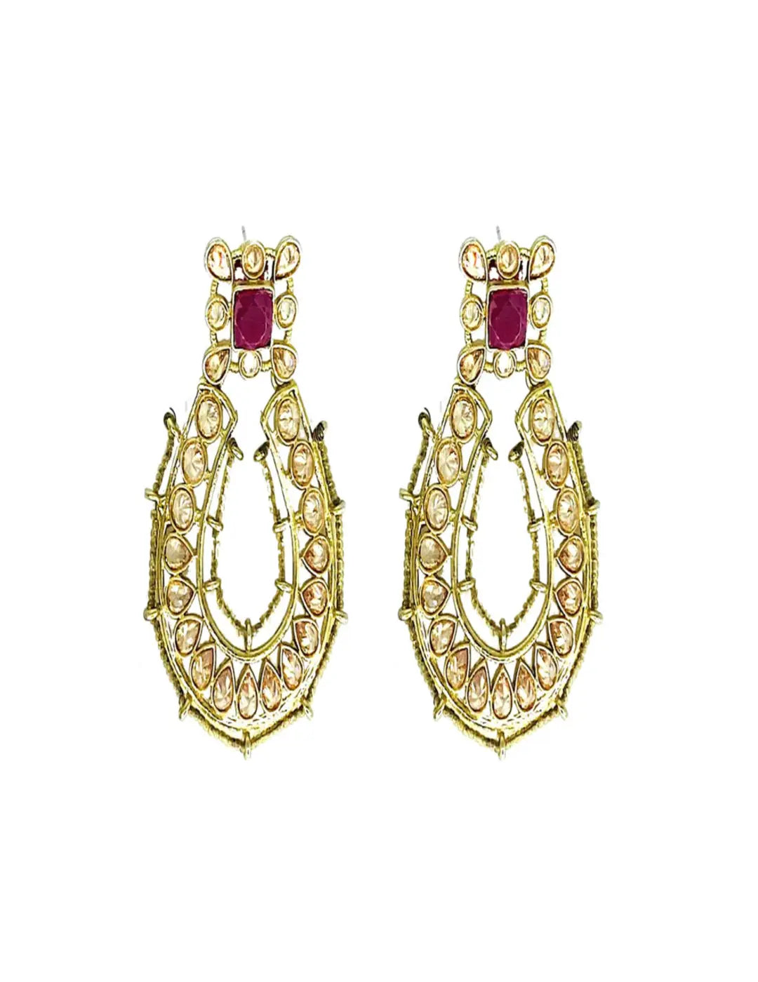 Gold Finish Top Studded With Pink Stone Earrings