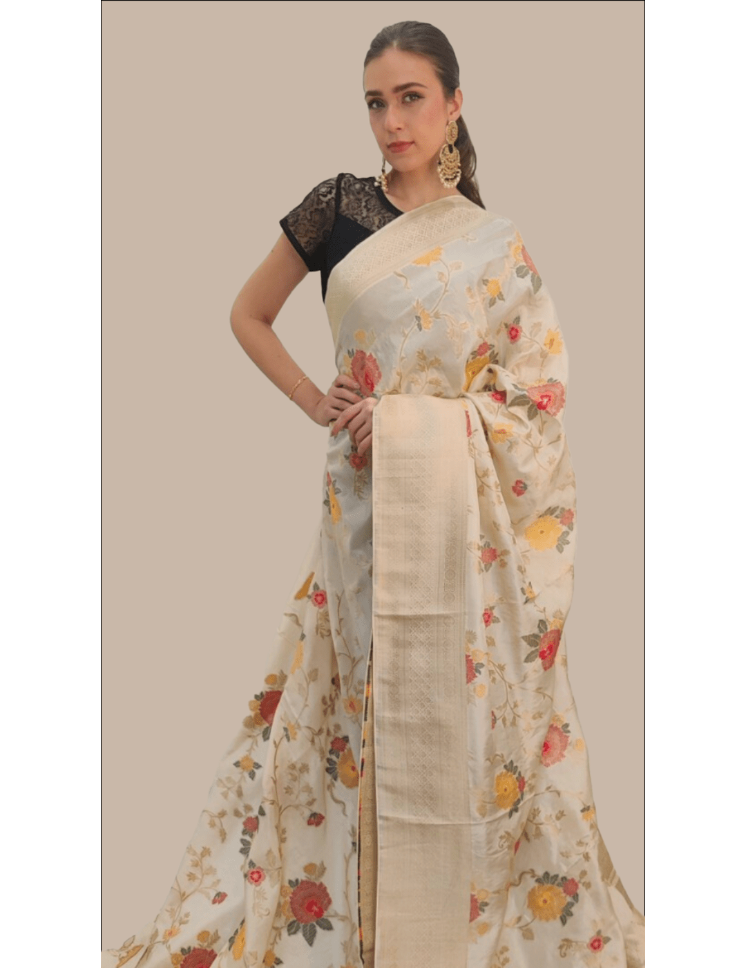 Off-White Floral Saree