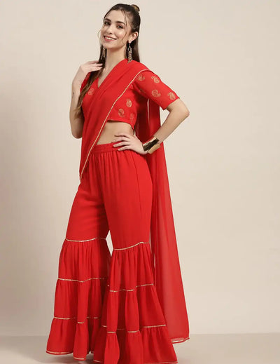 Red Tiered Palazzo With Attached Pallu