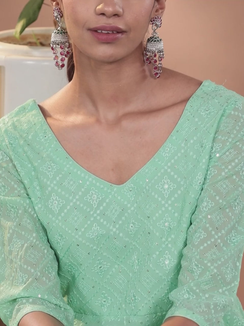 Green Embroidered Georgette Straight Kurta With Sharara & Dupatta