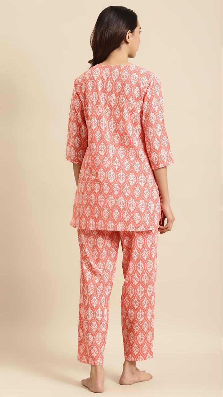 buy Peach-Coloured & White Pure Cotton Printed Night Suit