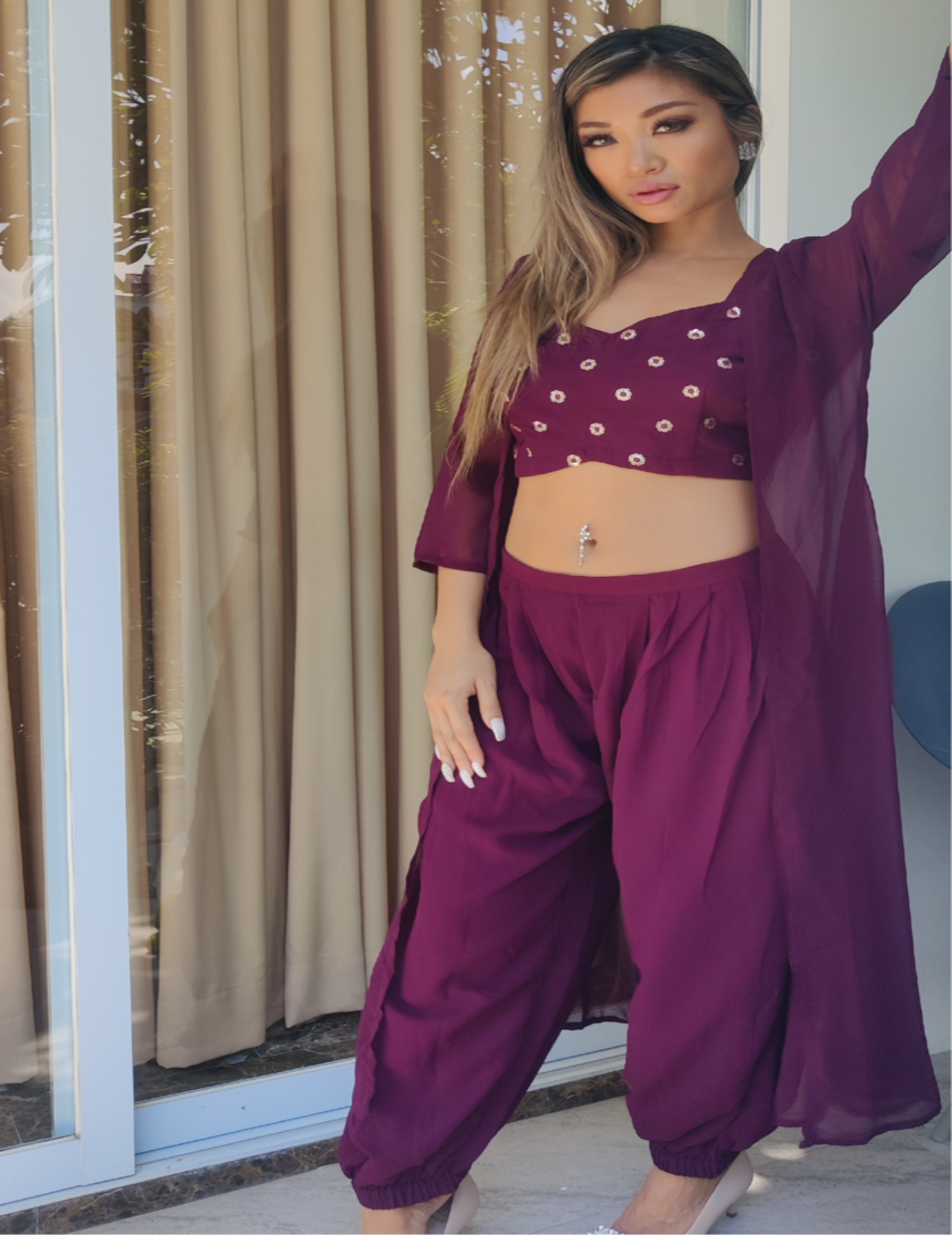 Maroon Sequin Top with Harem Pant & Longline Jacket