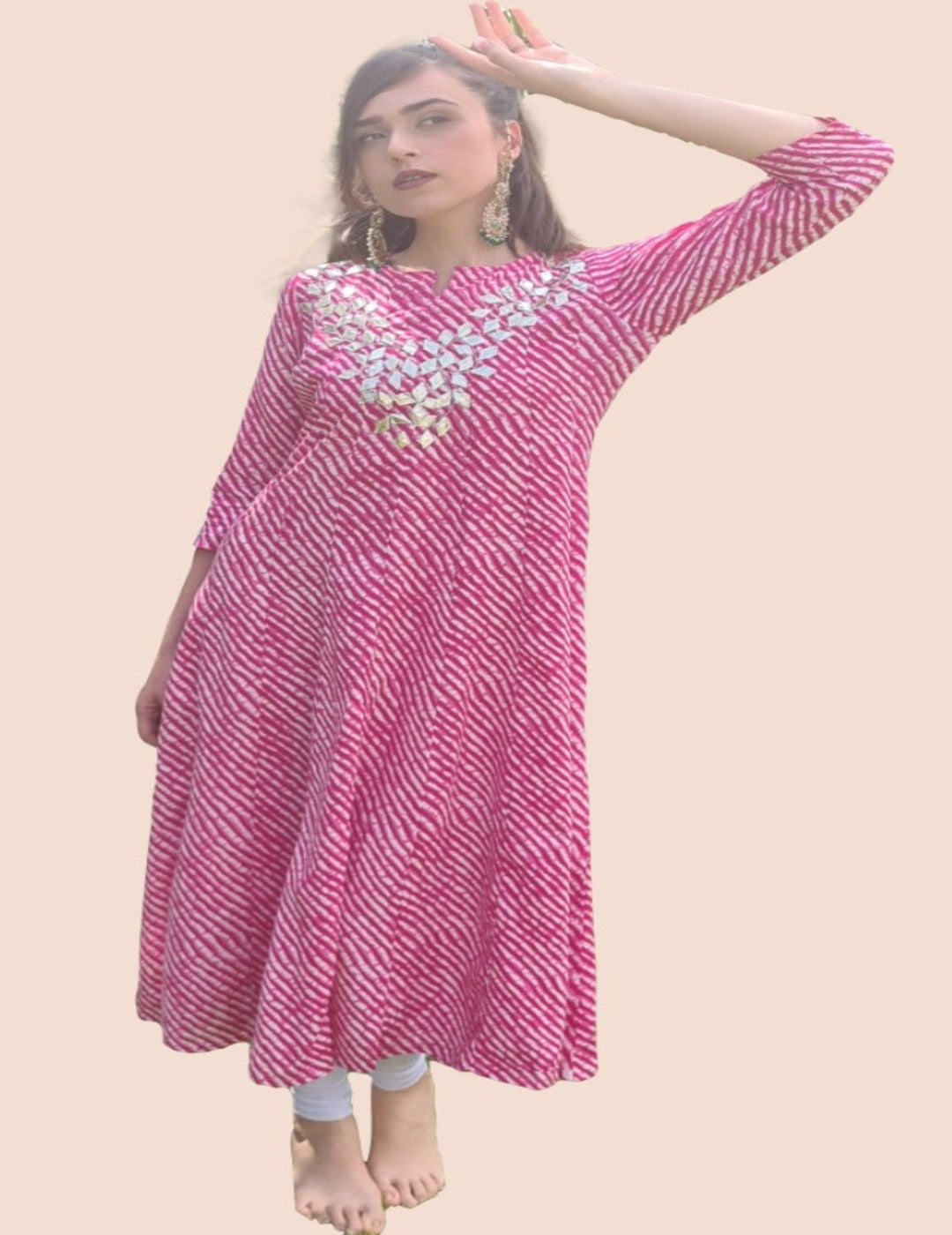 Pink Bandhani Printed Anarkali Kurti dress singapore