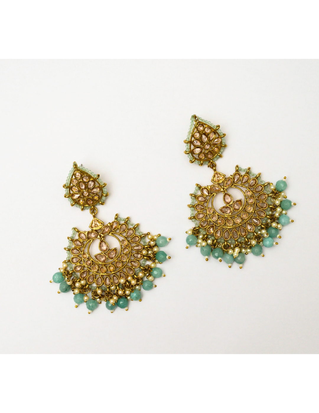 Gold Plated Kundan Studded Pastel Green Color Beads Embellished Statement Chandbali Earrings