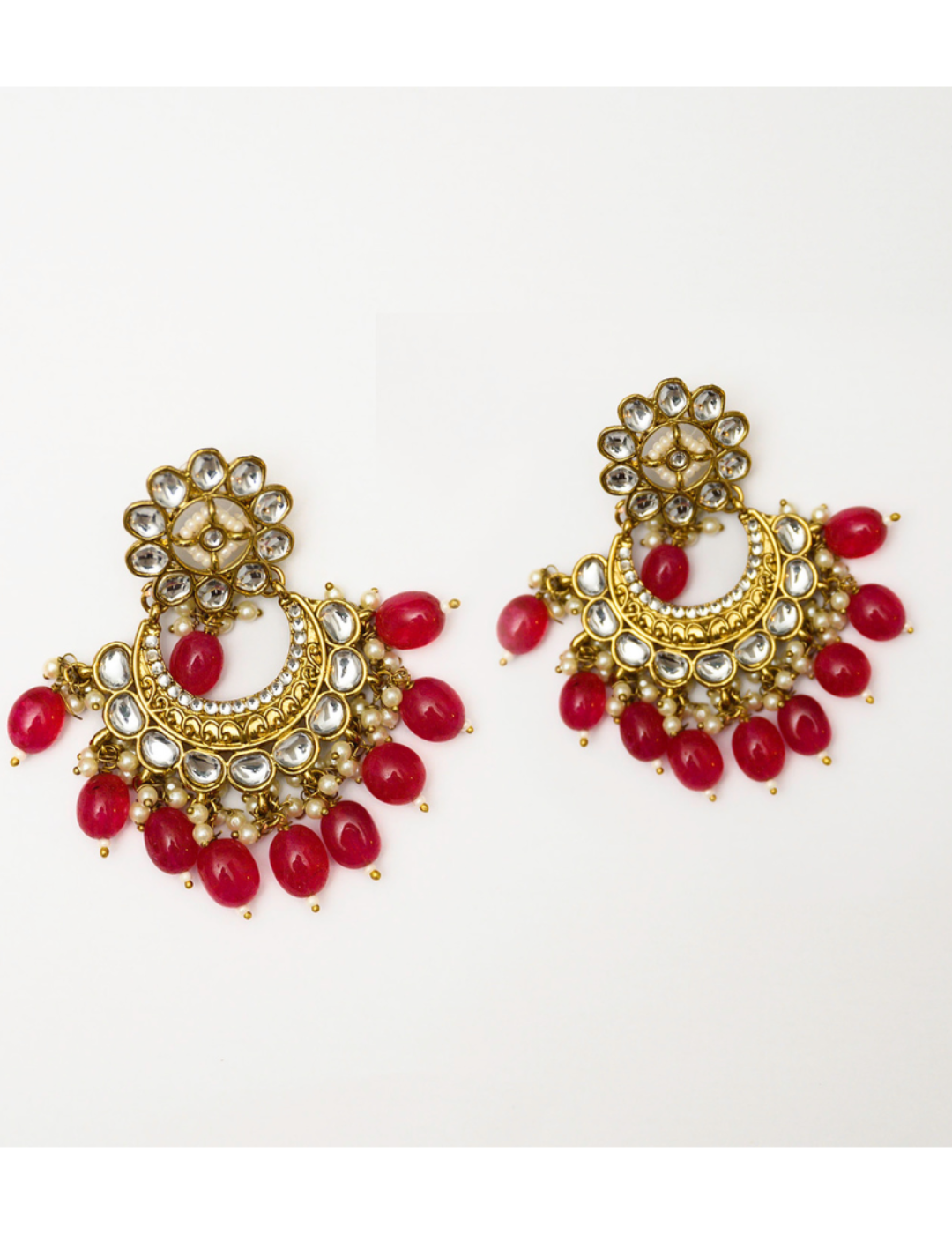 Kundan Pearl Ruby Red Gold Plated Chandbali Earrings
