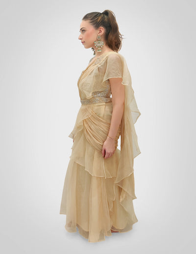 Gold And Beige Ruffled Saree