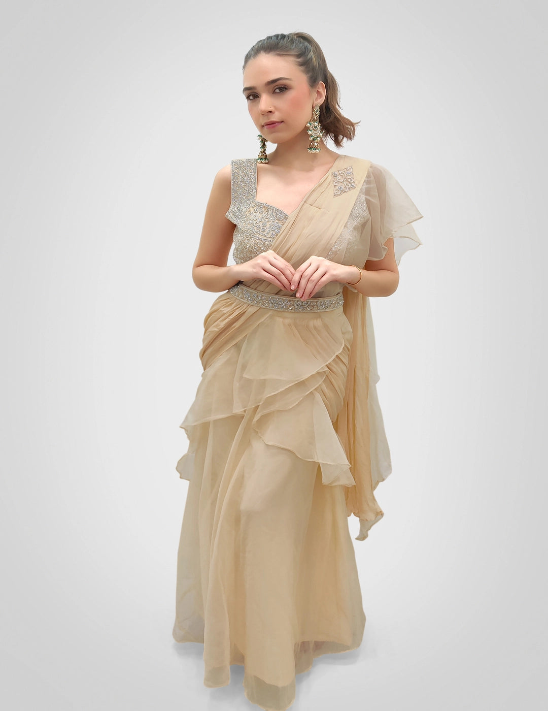 Gold And Beige Ruffled Saree