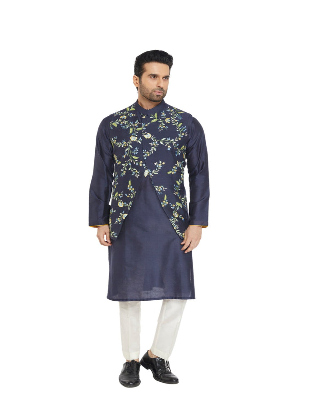Blue Spun Kurta with Mirror Work and Floral Embroidered Bandi with Spun Silk Off-White Pants