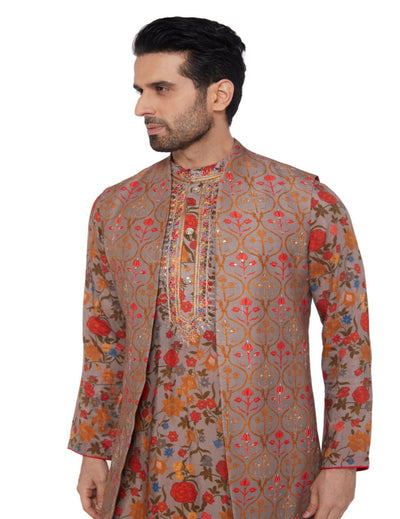 Red And Brown Floral  Printed  Muslin Kurta With Embroidery Detail And  Paisley Open Bandi In Slub Silk And Beigebrown Spun Silk Pants