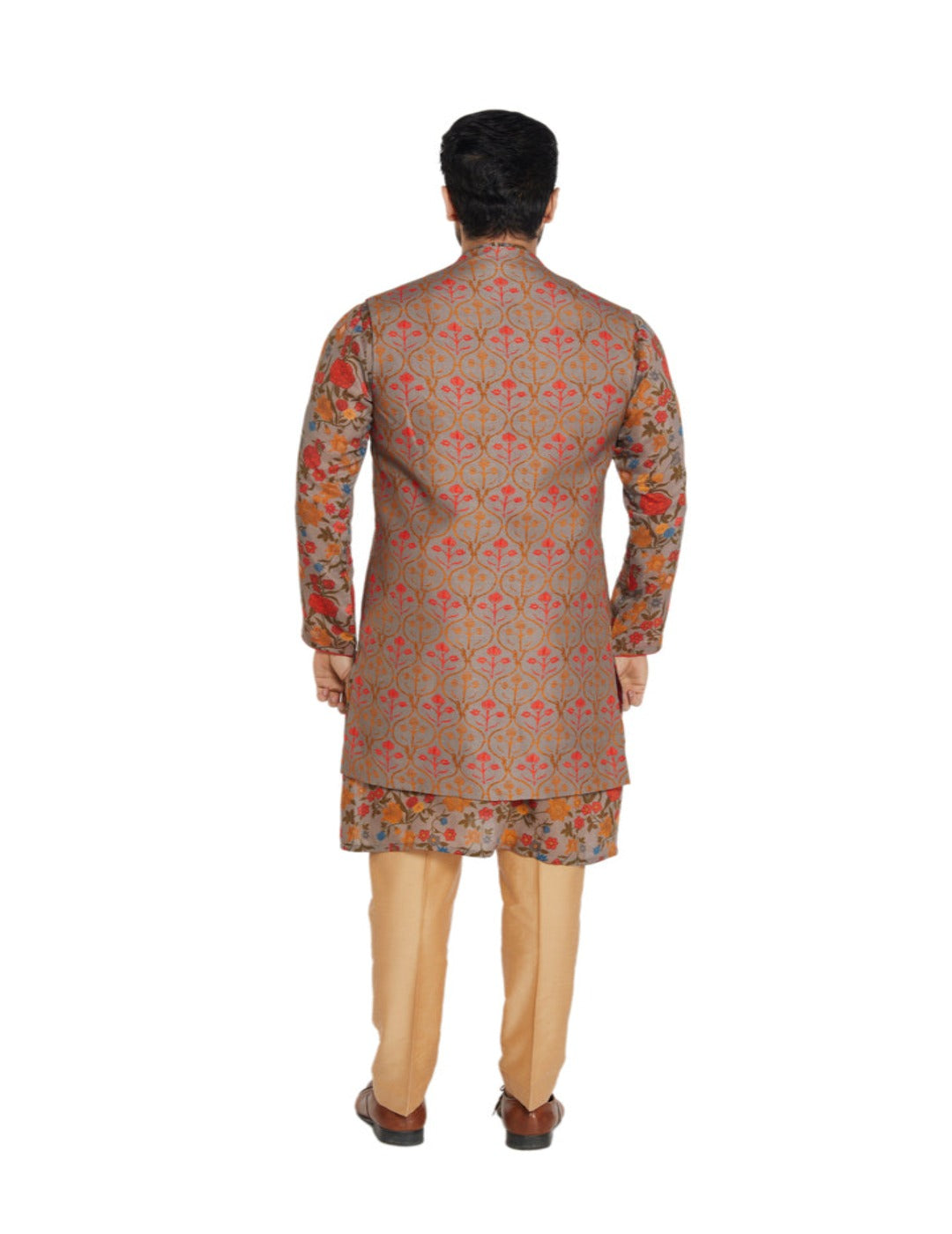 Red And Brown Floral  Printed  Muslin Kurta With Embroidery Detail And  Paisley Open Bandi In Slub Silk And Beigebrown Spun Silk Pants