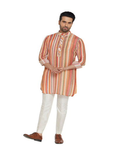 Multi-Color Striped Short Kurta in Muslin Cotton with Spun Silk Pants in Off-White