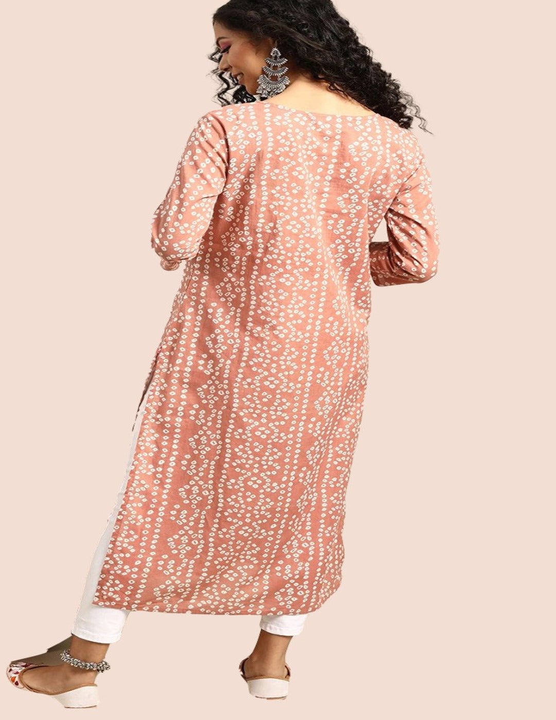 indian dress Peach & White Bandhani Printed Pure Cotton Kurta