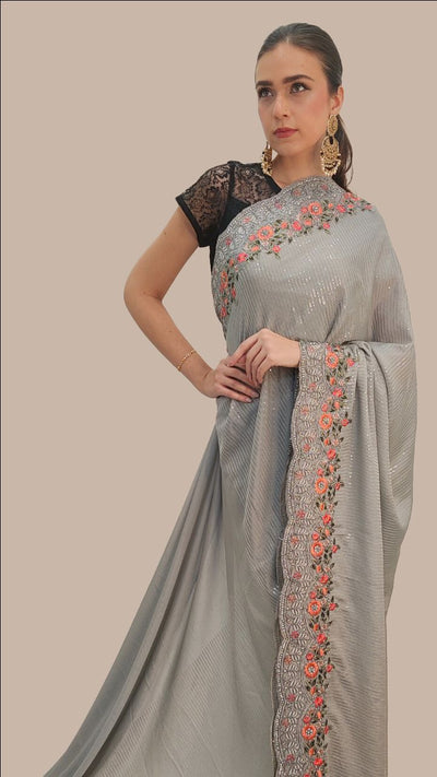 Grey Chinnon Saree With Shelf Shadow Sequence