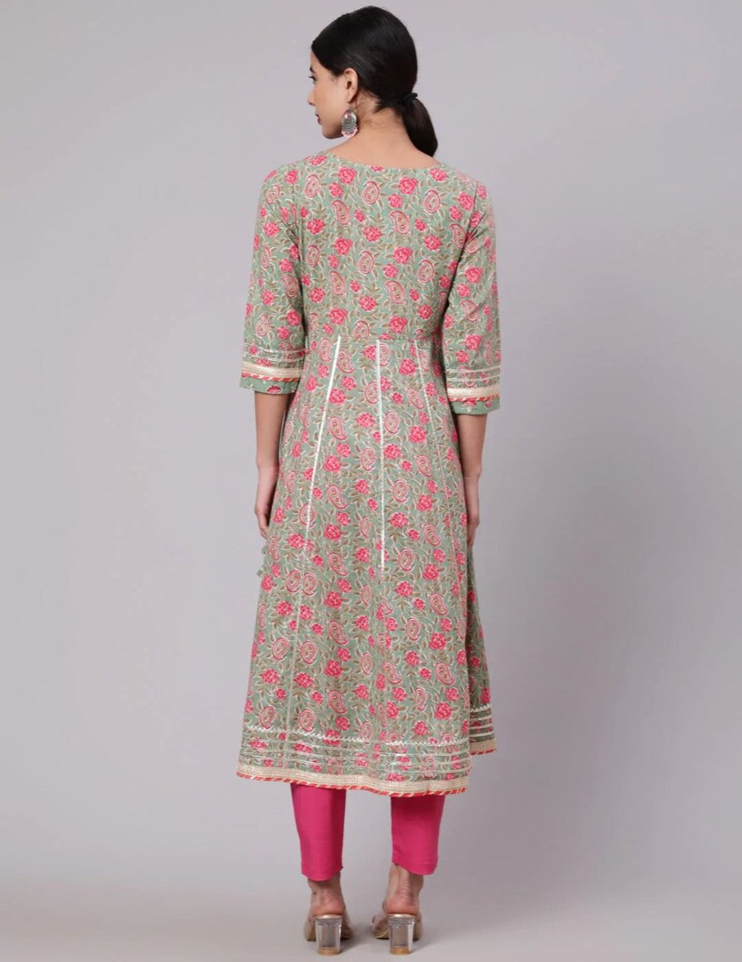 Pastel Green & Pink Floral Printed Anarkali With Lace Work plus sizes indian kurtis singapore