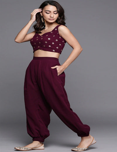 Maroon Sequin Top with Harem Pant & Longline Jacket indian womenswear